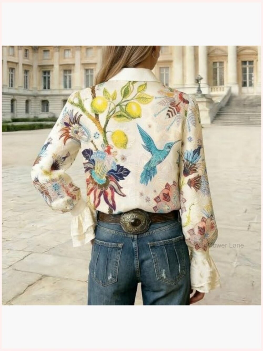 Boho Paisley Blouse Long Sleeve Button Down Ruffled Cuff Western Print Womens - Picture 3 of 6